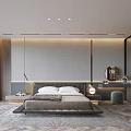 Modern Bedroom Interior Design With Platform Bed Accent Wall Hanging Lights And Large Window