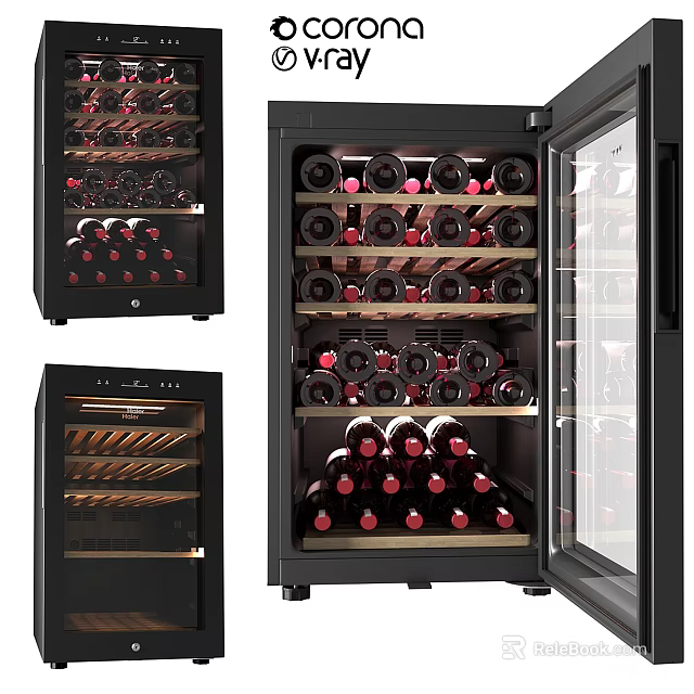 Different Styles Modern Black Wine Coolers With Glass Doors And Red Wine Bottles 3d model 
