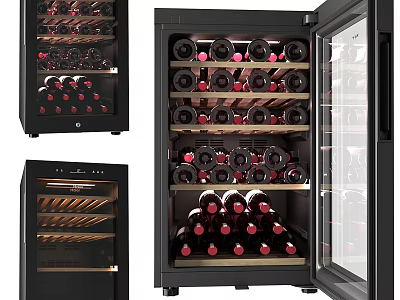 Different Styles Modern Black Wine Coolers With Glass Doors And Red Wine Bottles 3d model