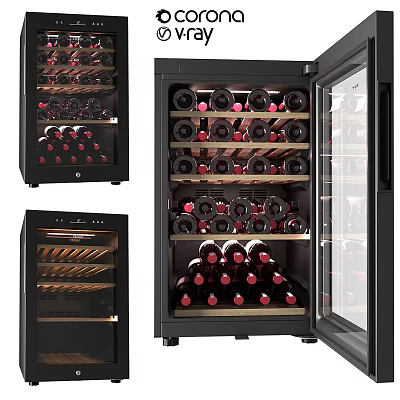 Different Styles Modern Black Wine Coolers With Glass Doors And Red Wine Bottles 3d model
