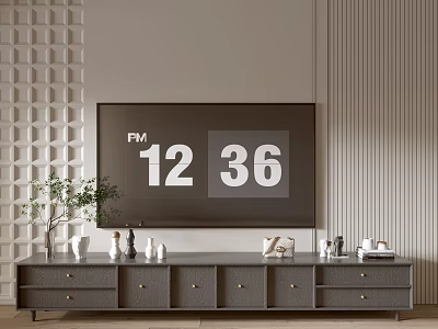 Modern TV Stand With TV Screen Decorative Items And Textured Background Wall 3d model