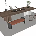 Modern Solid Wood Tea Table and Chairs with Tea Set Potted Plant and Round Stools 3d model
