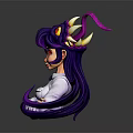 Game Movie Character With Purple Hair Horns White Shirt Purple Tie Red Eyes Crossed Arms
