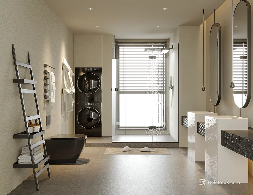 Warm Bright Modern Bathroom Interior With Built In Laundry Area And Double Freestanding Sinks 3d model 
