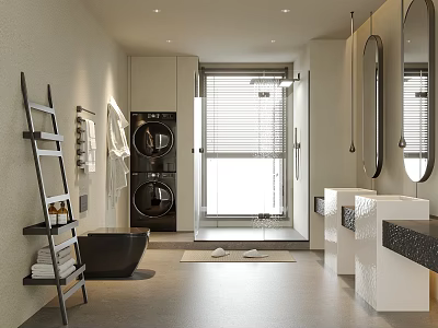 Warm Bright Modern Bathroom Interior With Built In Laundry Area And Double Freestanding Sinks 3d model