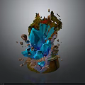 Wood and Stone Artistic Sculpture Featuring Blue Crystals Green Foliage and Rocks
