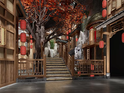 Ancient Chinese Traditional Architecture Scene Featuring Red Lanterns Wooden Structures Stone Stairs And Autumn Trees 3d model