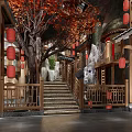 Ancient Chinese Traditional Architecture Scene Featuring Red Lanterns Wooden Structures Stone Stairs And Autumn Trees