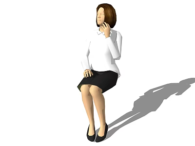 A woman sitting wearing white shirt black skirt and black shoes with hand on chin 3d model