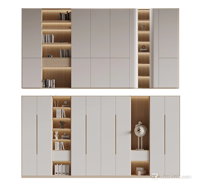 Modern White Bookcase With Open Shelves Closed Cabinets LED Lighting And Decorative Books 3d model 