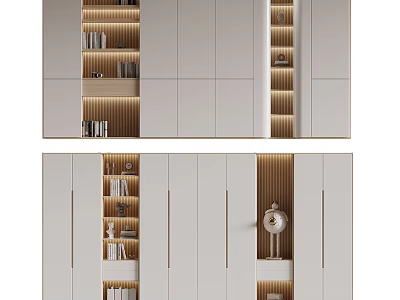 Modern White Bookcase With Open Shelves Closed Cabinets LED Lighting And Decorative Books 3d model