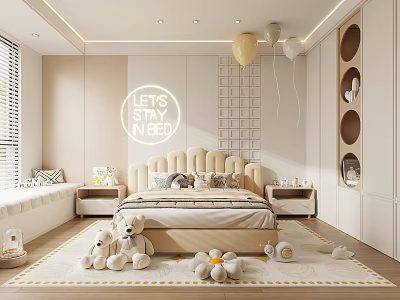 Cozy Modern Kids Room Interior With Neon Sign Balloons Stuffed Toys And Circular Wall Niches 3d model