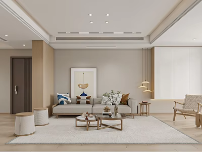 Modern Living Dining Room Interior With Light Gray Sofa Wooden Coffee Tables And Framed Painting 3d model
