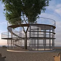 Unique Glass Building Featuring Spiral Staircase Around Large Tree And Metal Railings