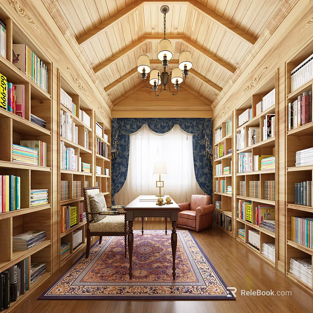 Study Room With Wooden Ceiling Chandelier Bookshelves Books Blue Curtains Desk And Red Sofa 3d model 
