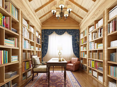 Study Room With Wooden Ceiling Chandelier Bookshelves Books Blue Curtains Desk And Red Sofa 3d model