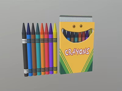 Vibrant Colorful Crayons With Yellow Box Featuring Smiley Face And Arranged Colors 3d model
