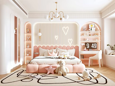 Cozy Pastel Pink Kids Bedroom With Heart Decor Shelves And Toys 3d model