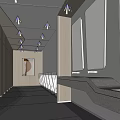 Modern Public Restroom Interior With Wooden Lockers Long Sink Counter Large Mirrors And Bright Lighting
