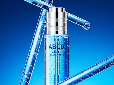 Hydrating Cosmetic Moisturizing Essence Bottle With Transparent Tubes Bubbles On Blue Background 3d model