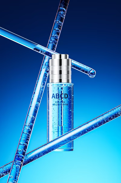 Hydrating Cosmetic Moisturizing Essence Bottle With Transparent Tubes Bubbles On Blue Background 3d model