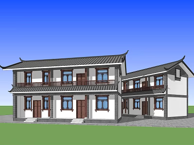Traditional Ancient Building Exterior With Two Story Structure White Walls And Wooden Balcony 3d model