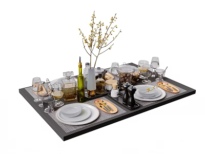 Elegant Tableware Set with Plates Glasses Cutlery Wine Bottle and Flower Vase on Serving Tray 3d model