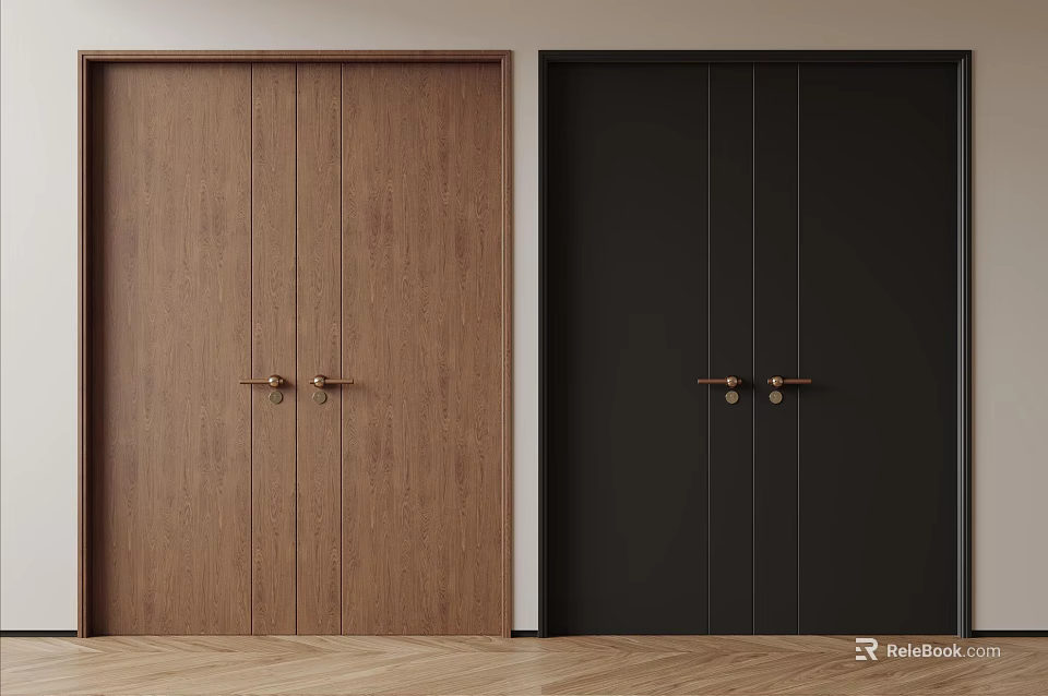 Modern Brown And Black Double Doors With Wooden Panels And Metal Handles 3d model 