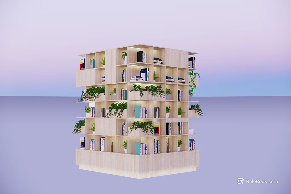 Modern Wooden Multi Tiered Bookcase Structure With Green Plants And Windows 3d model