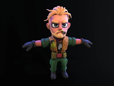 Cartoon 3D Man With Orange Hair Beard Green Outfit Tactical Vest Black Gloves And Boots 3d model