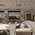 Leisure Area With White Tiled Floor Black Square Patterns Blue Display Board Tables Chairs Piano