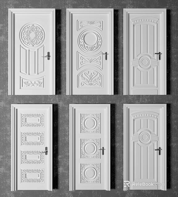 White Hinged Doors with Various Intricate Carved Designs and Decorative Patterns 3d model