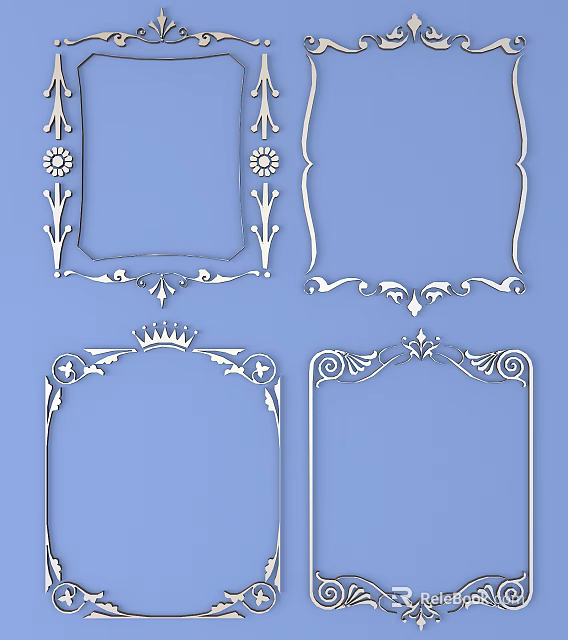Ornamental Carved Frames With Floral Patterns Crown Motifs And Curved Details On Blue Background 3d model 