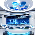 Modern Technology Exhibition Hall With Curved White Design Circular Ceiling Lights And Interactive Digital Displays