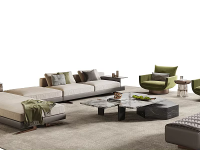 Light Gray Sofa with Throw Pillows and Marble Top Coffee Table Set with Green Chair 3d model