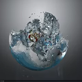 Enchanted Character in Ice Crystal Bowl with Splashing Water Chunks and Red Gold Attire