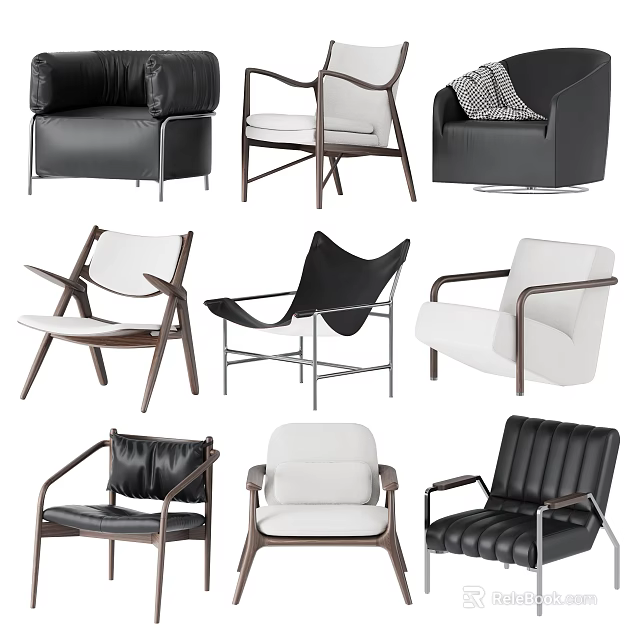 Modern Accent Chairs In Various Styles With Leather Fabric Upholstery And Wooden Frames 3d model 