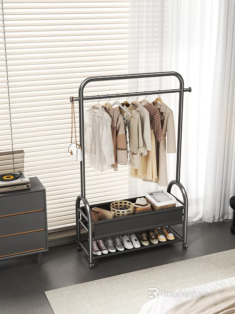 Modern Metal Clothes Rack With Hanging Clothes Shoes Storage Shelves And Basket Items 3d model 