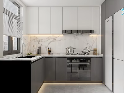 Modern Kitchen With White And Dark Gray Cabinets Marble Backsplash And Stainless Steel Appliances 3d model