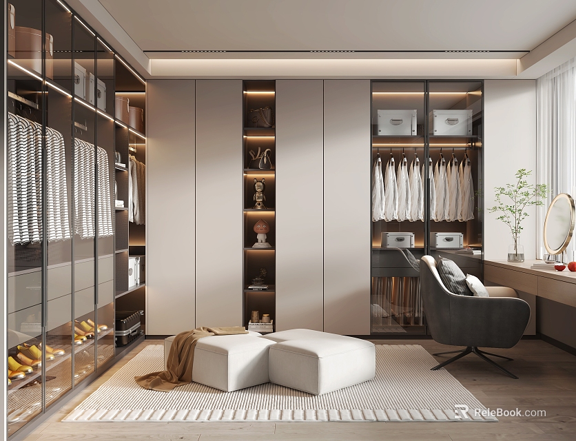 Elegant Modern Walk in Closet Interior With Glass Door Cabinets Hanging Rails And Storage Boxes 3d model 
