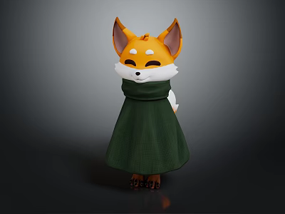 Cute Orange Fox Game Movie Character With Big Ears Green Cloak And Smiling Expression 3d model