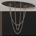 Elegant Multi Layered Crystal Chain Chandelier Hanging From Ceiling Over Black Wall With Wooden Panel