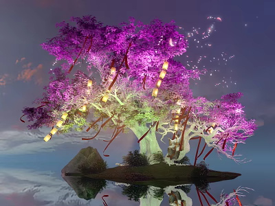 Enchanting Landscape Sculpture With Purple Tree Lanterns Ribbons And Water Reflection 3d model