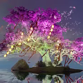 Enchanting Landscape Sculpture With Purple Tree Lanterns Ribbons And Water Reflection