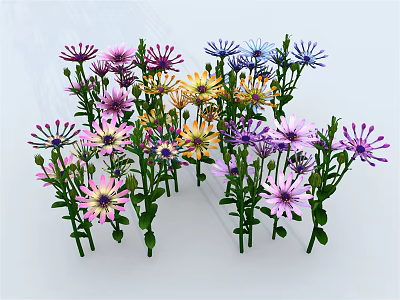 Colorful Mixed Flowers with Pink Purple Yellow Blue Petals and Green Stems Leaves 3d model
