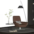 Brown Leather Single Sofa with Small Side Table Plant Floor Lamp and Modern Rug