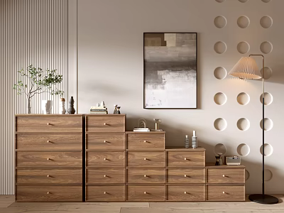 Functional Wooden Entryway Cabinets Sideboards With Drawers Decorative Vases And Floor Lamp 3d model