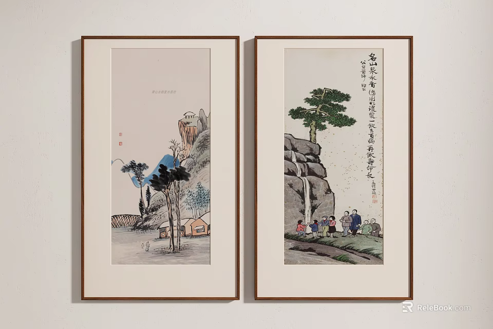 Chinese Landscape Paintings With Pine Trees Rocks Figures Houses And Wooden Frames Hanging On Wall 3d model 