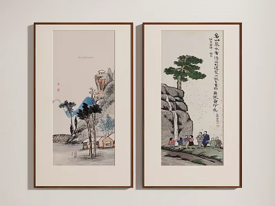 Chinese Landscape Paintings With Pine Trees Rocks Figures Houses And Wooden Frames Hanging On Wall 3d model