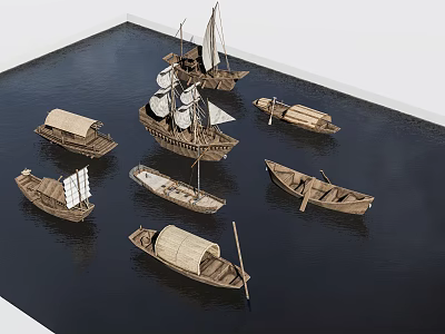 Various Traditional Wooden Boats With Sails And Awnings On Calm Water 3d model